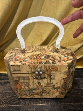 Cream Illustrated Octagonal Satchel with White Lucite Handle and Pearl Clasp